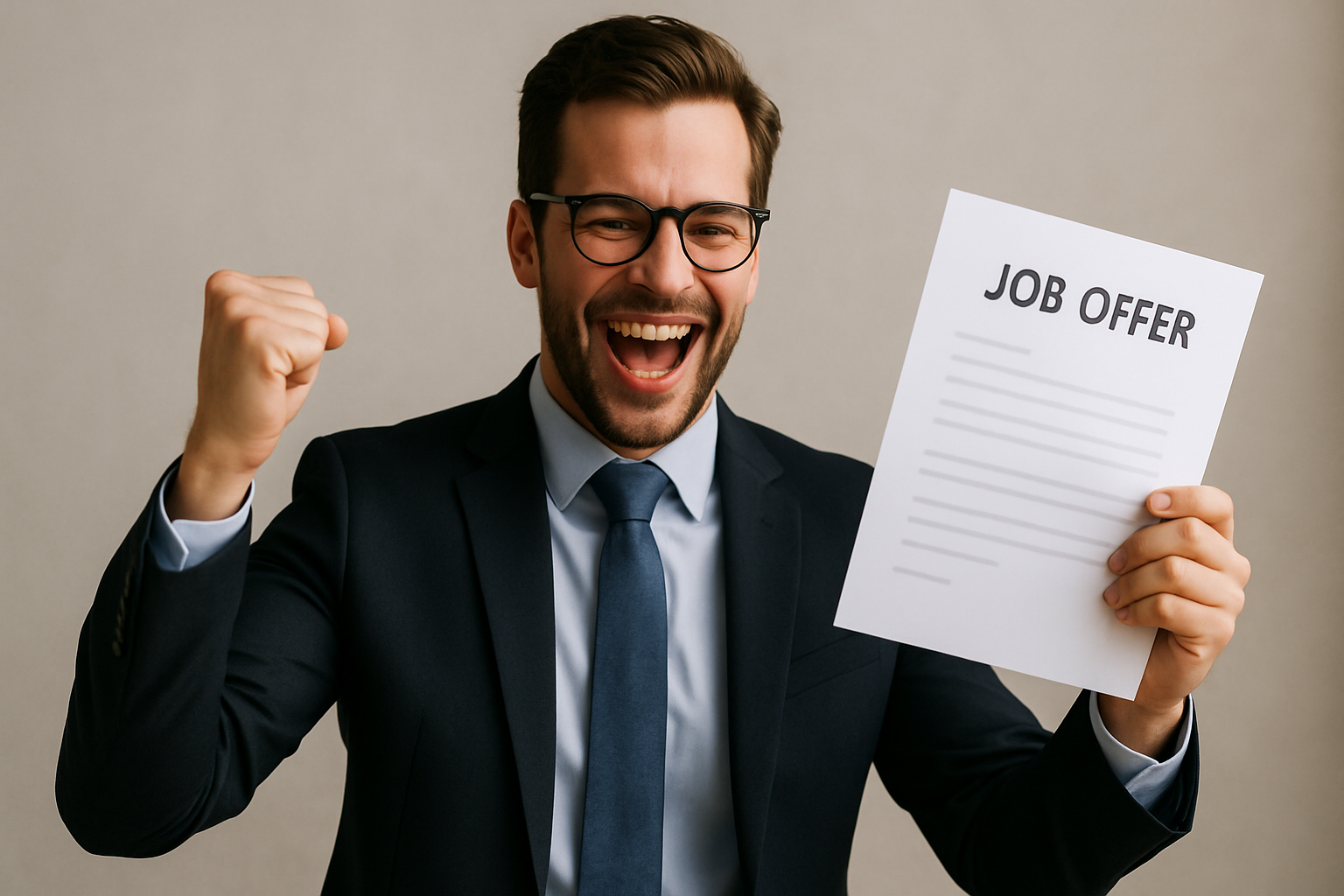 Confident business professional celebrating a successful job offer